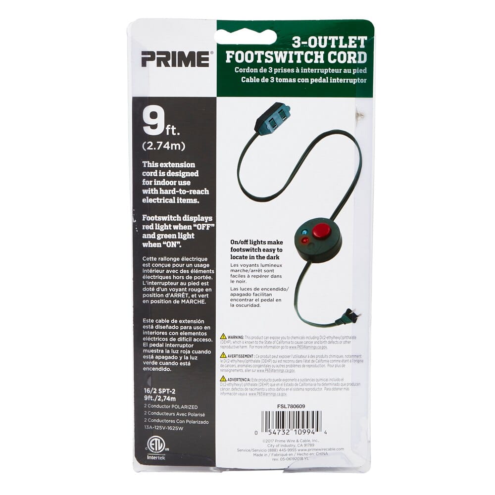 Prime 3-Outlet Footswitch Extension Cord, 9'