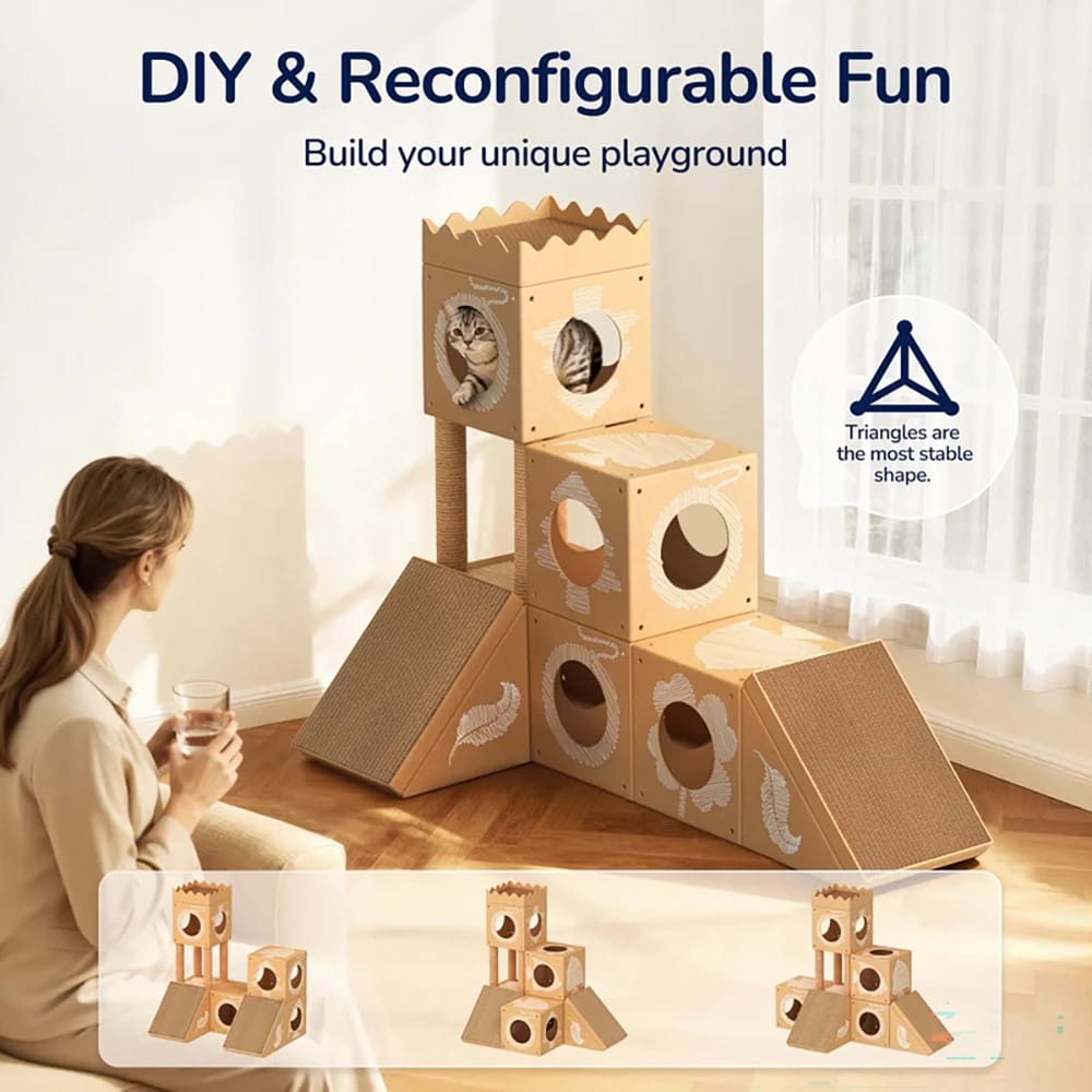 PalNests Small 3-in-1 Modular Cardboard Cat Tree & Scratcher House, Nature