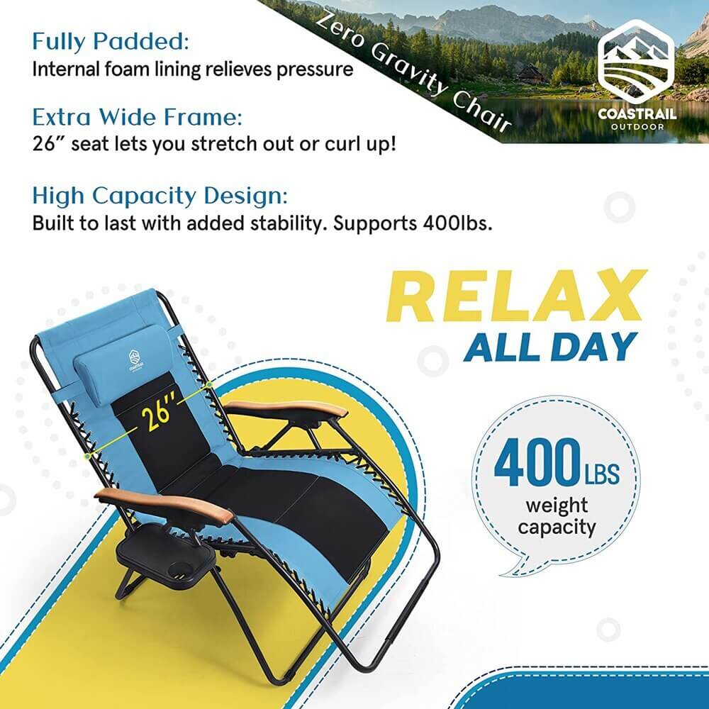 Coastrail Outdoor Zero Gravity Chair with Premium Wood-Like Armrests & Side Table with Cup Holder, Aqua/Black