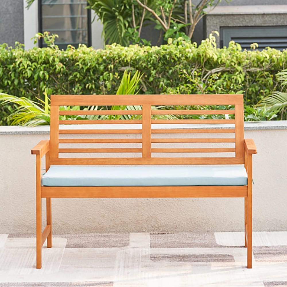 Waimea Slatted Teak Garden Bench with Cushion, Tan/Light Blue