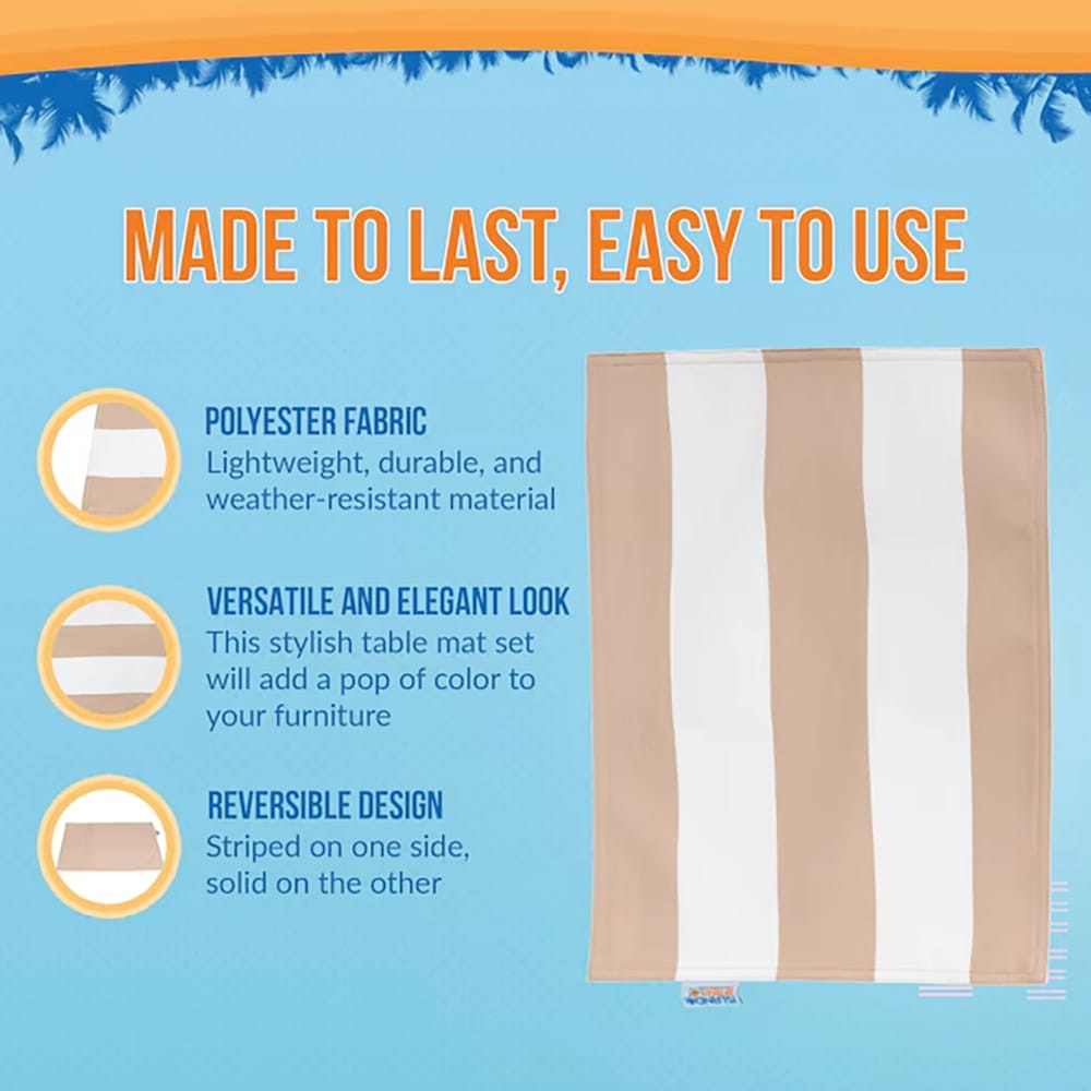Island Retreat Striped Polyester Rectangle Placemats, Beige/White, 6 Pack