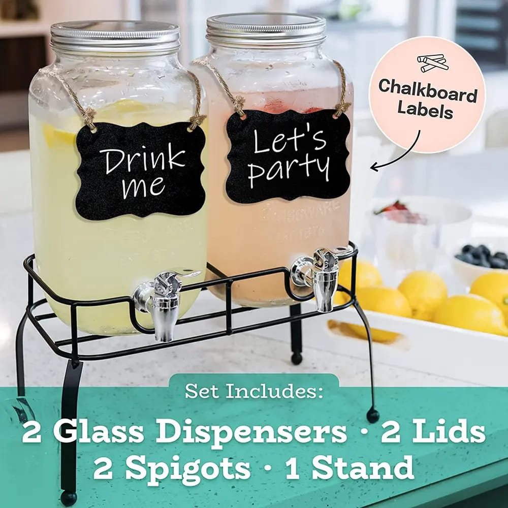 Estilo Glass Drink Dispenser, 1 Gallon, Set of 2