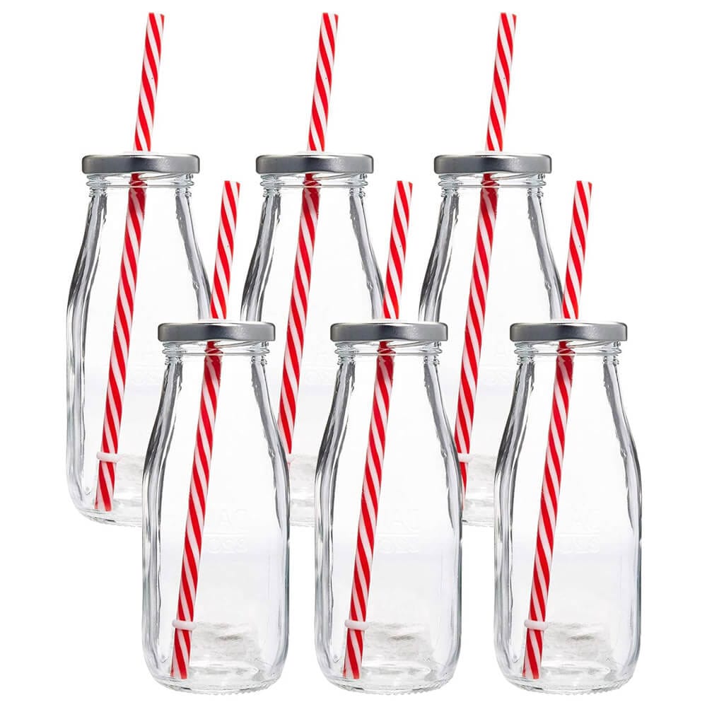 Estilo Reusable Glass Milk Bottles with Straws, 10.5 oz, Set of 6