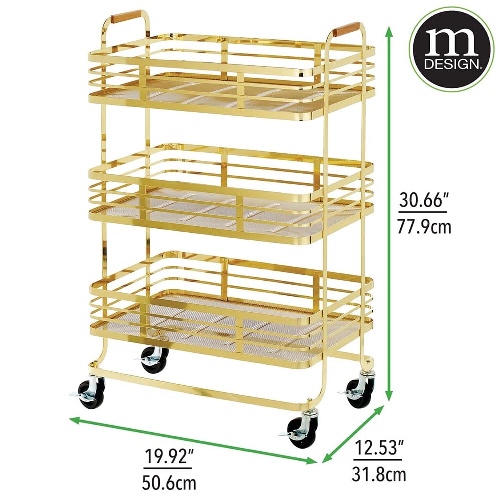 mDesign Metal 3-Tier Cart, Soft Brass/Natural