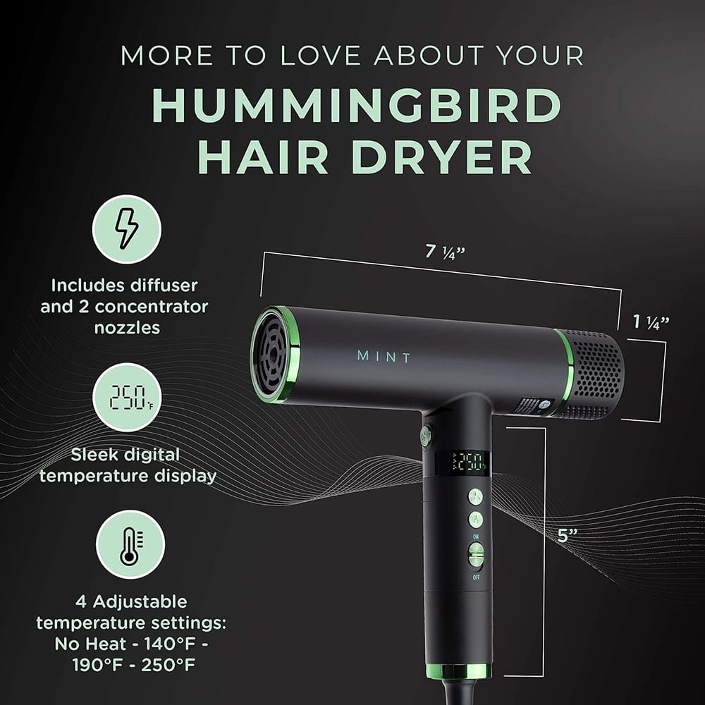 MINT Hummingbird Smart Professional Hair Dryer with Diffuser, Black