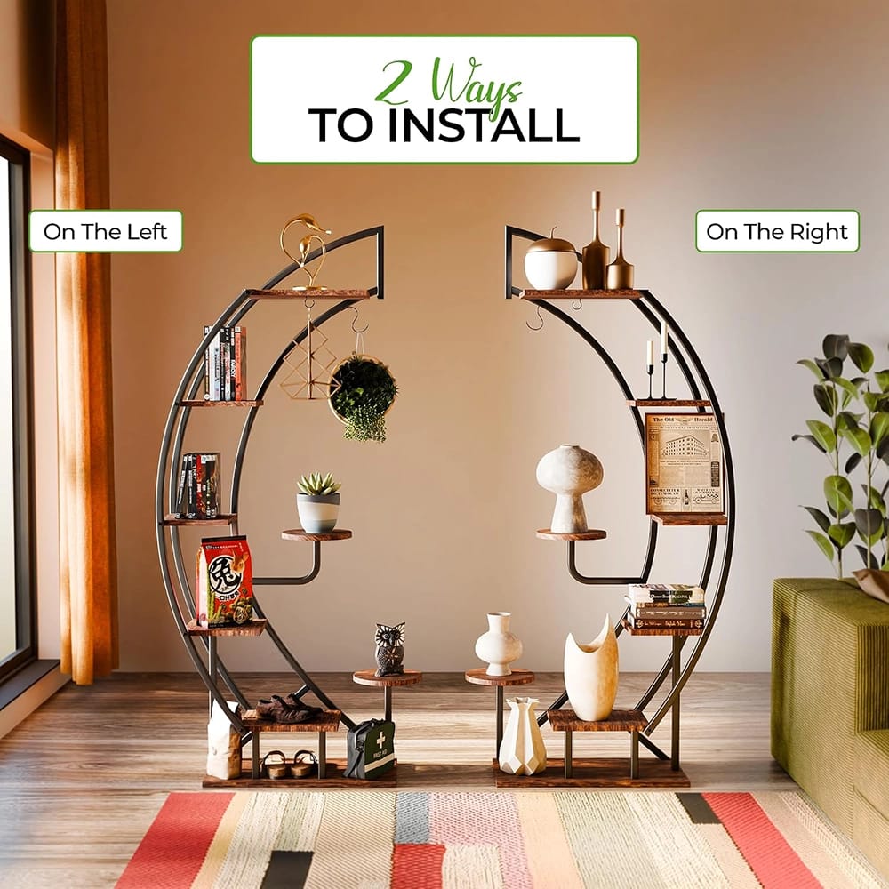Idzo 6-Tier 9-Potted Steel Wood Plant Stand With Hanger, Brown
