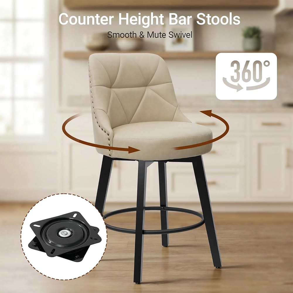Polarisys 26" Faux Leather Swivel Bar Stool, Beige, Set of 2
