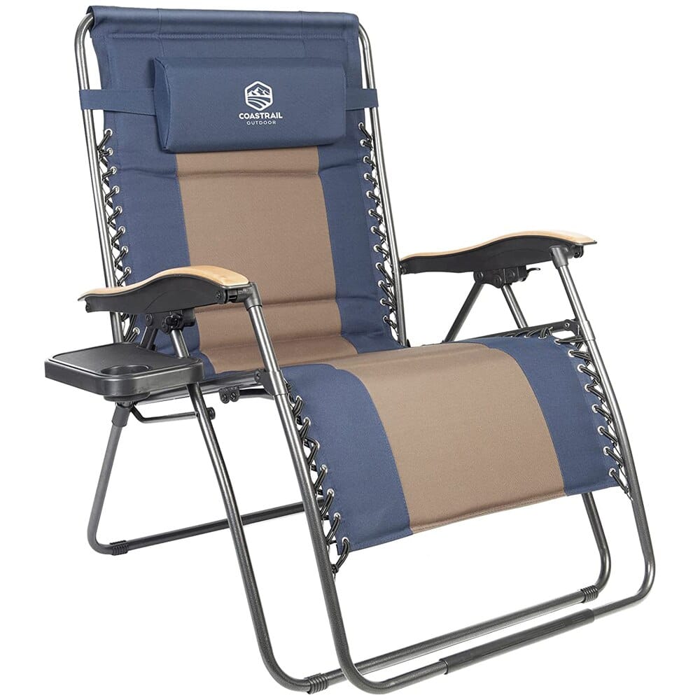 Coastrail Outdoor Zero Gravity Chair with Premium Wood-Like Armrests & Side Table with Cup Holder, Navy/Brown