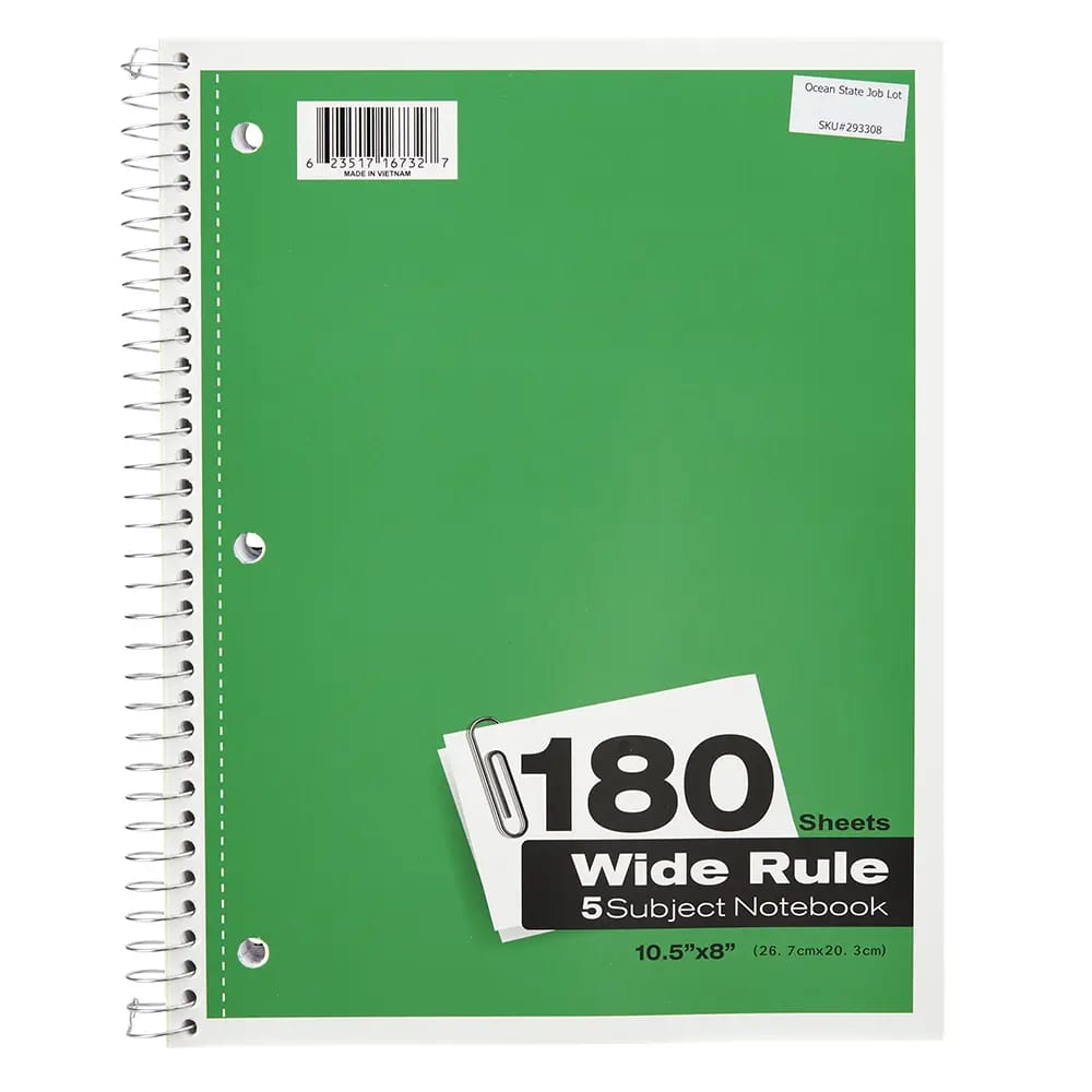 Wide Rule 5 Subject Spiral Notebook, 180 Sheets