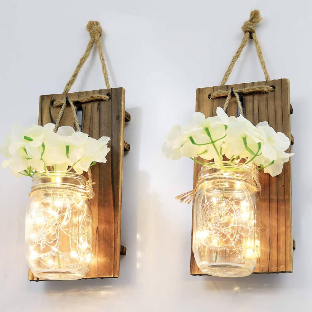 Greenco Rustic Style Wall-Mounted Mason Jar Sconce with Faux Flower & LED Strip Lights, Set of 2