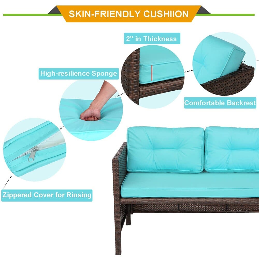 Outdoor Rattan Loveseat with Sectional Chaise Lounge, Turquoise