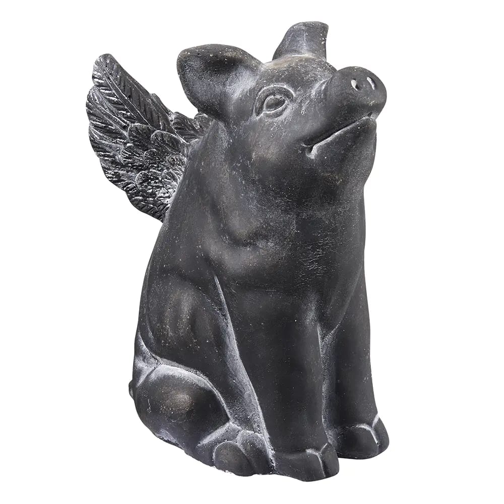 Winged Piglet Cement Statue, Black