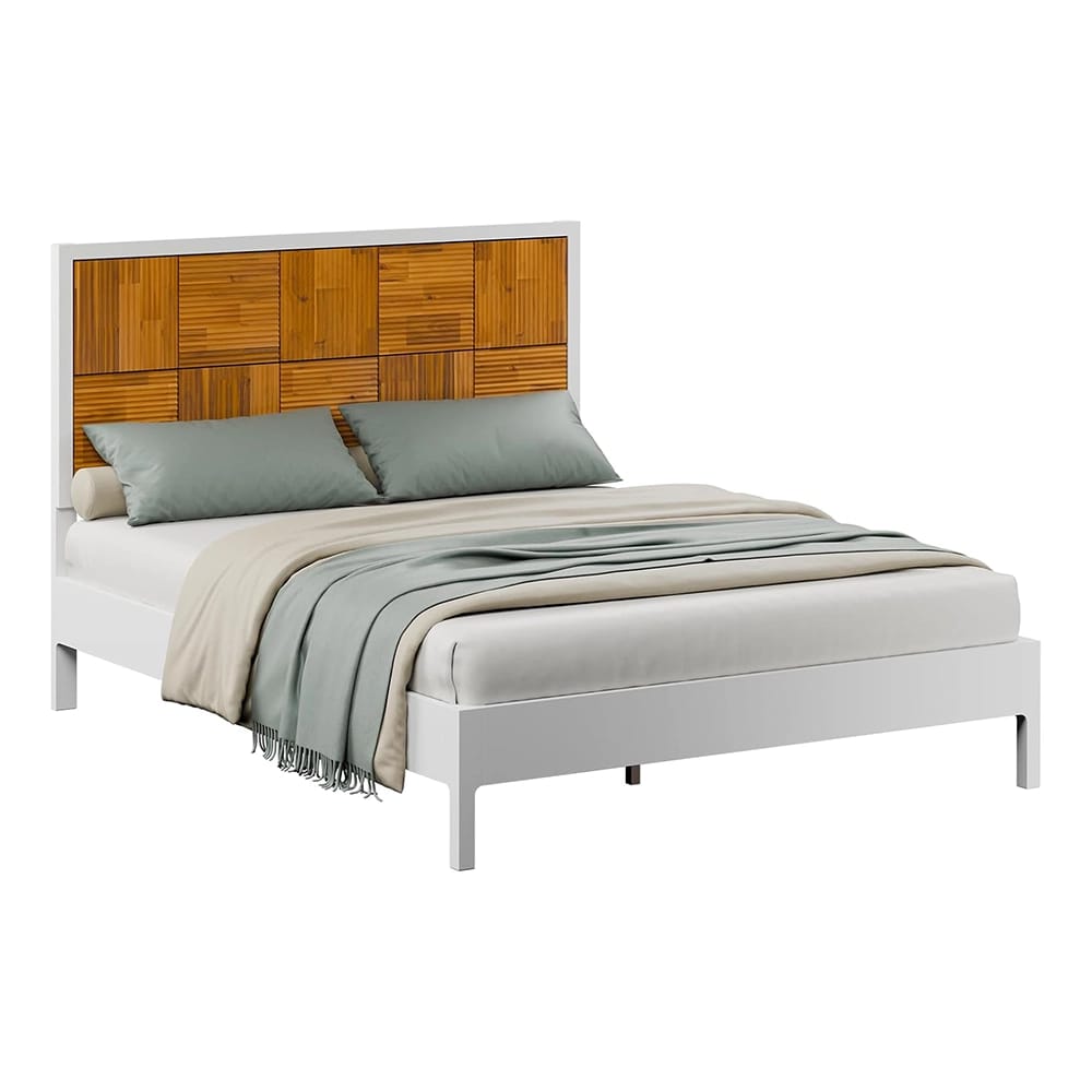 Mid-Century Acacia Wood Bed Frame and Headboard, Queen, White