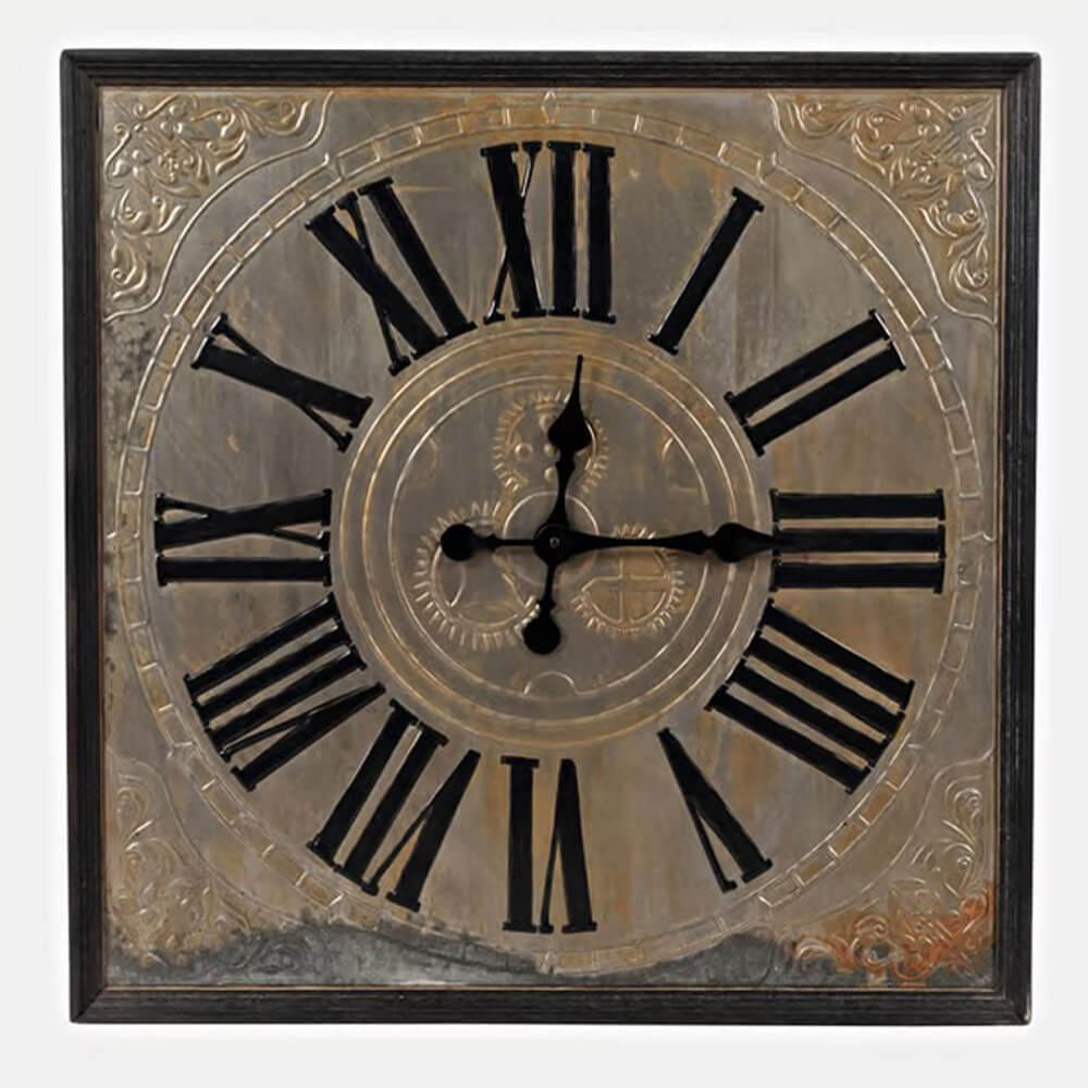 Jofran Furniture Wayland Jackson 30" Wood Engraved Square Wall Clock, Weathered Zinc