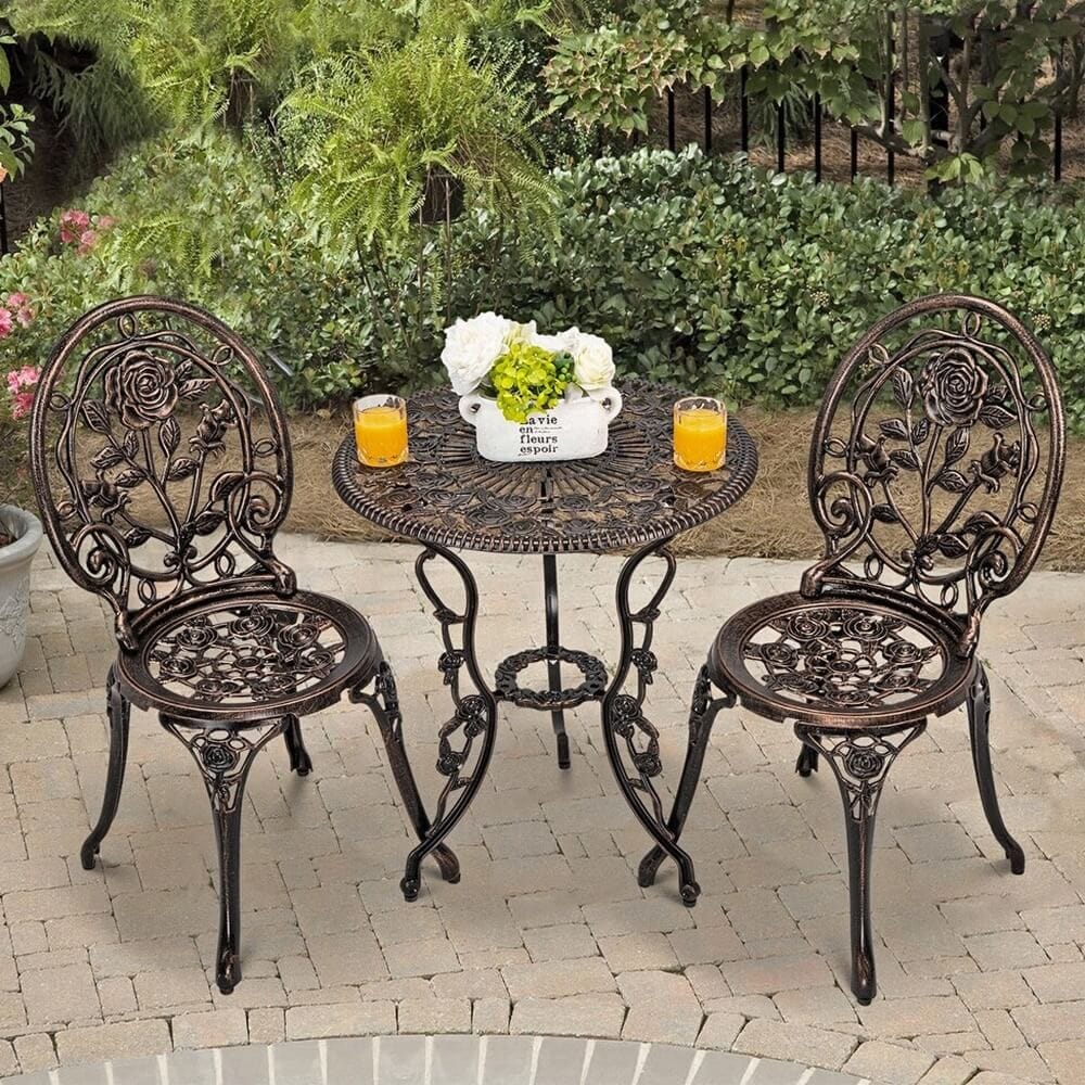 3-Piece Cast Aluminum Outdoor Bistro Set with Rose Design, Bronze