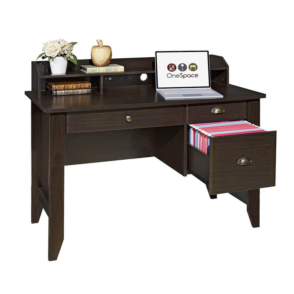 OneSpace Eleanor Executive Desk with USB Charger Hub, Espresso