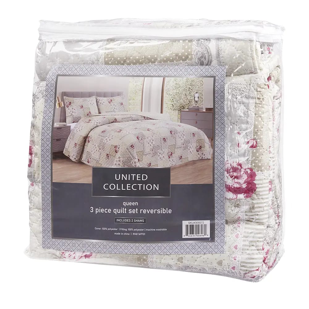 United Collection Queen Reversible Quilt Set, 3 Piece