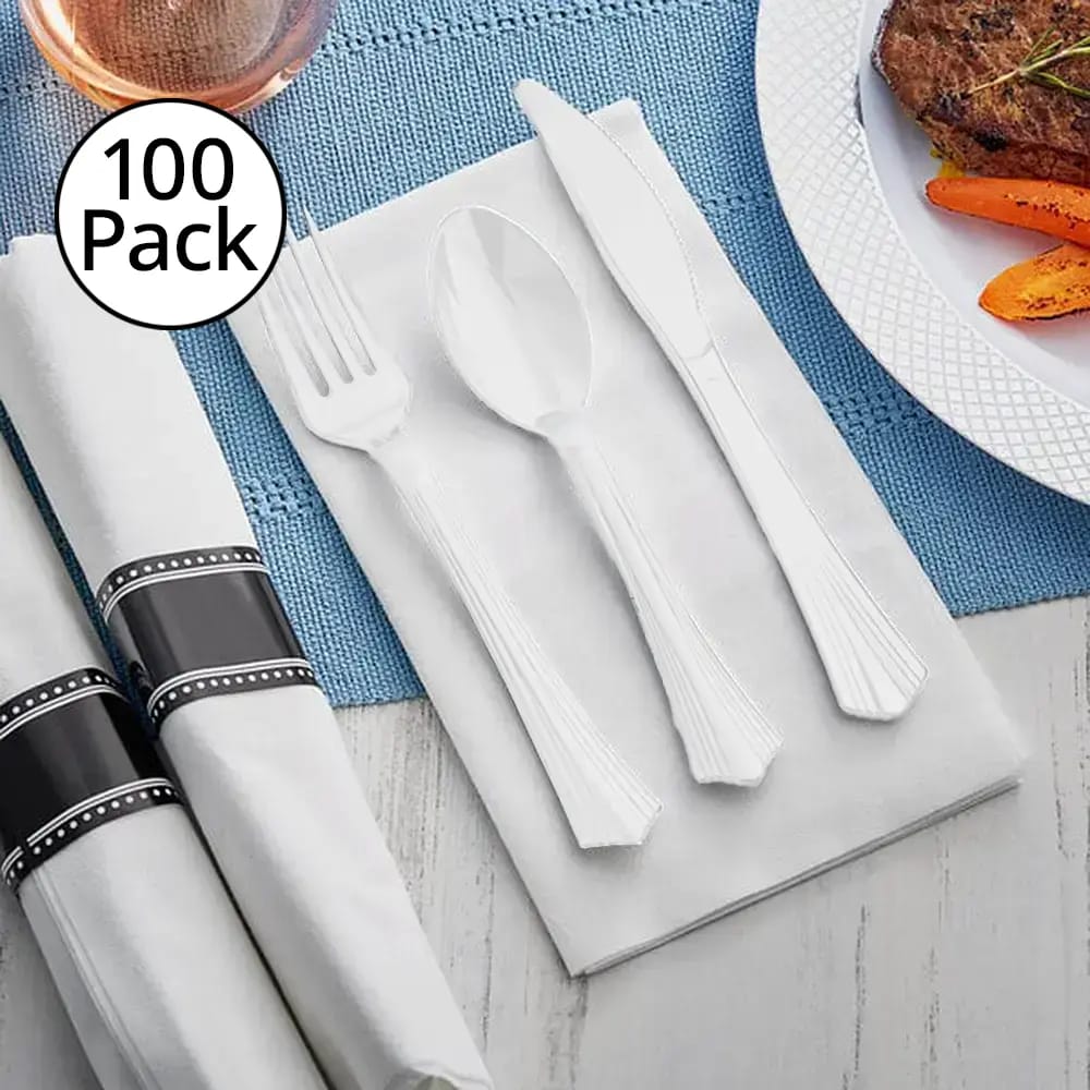 Greenables Compostable Pre-Rolled Cutlery Set, White, 100 Pack