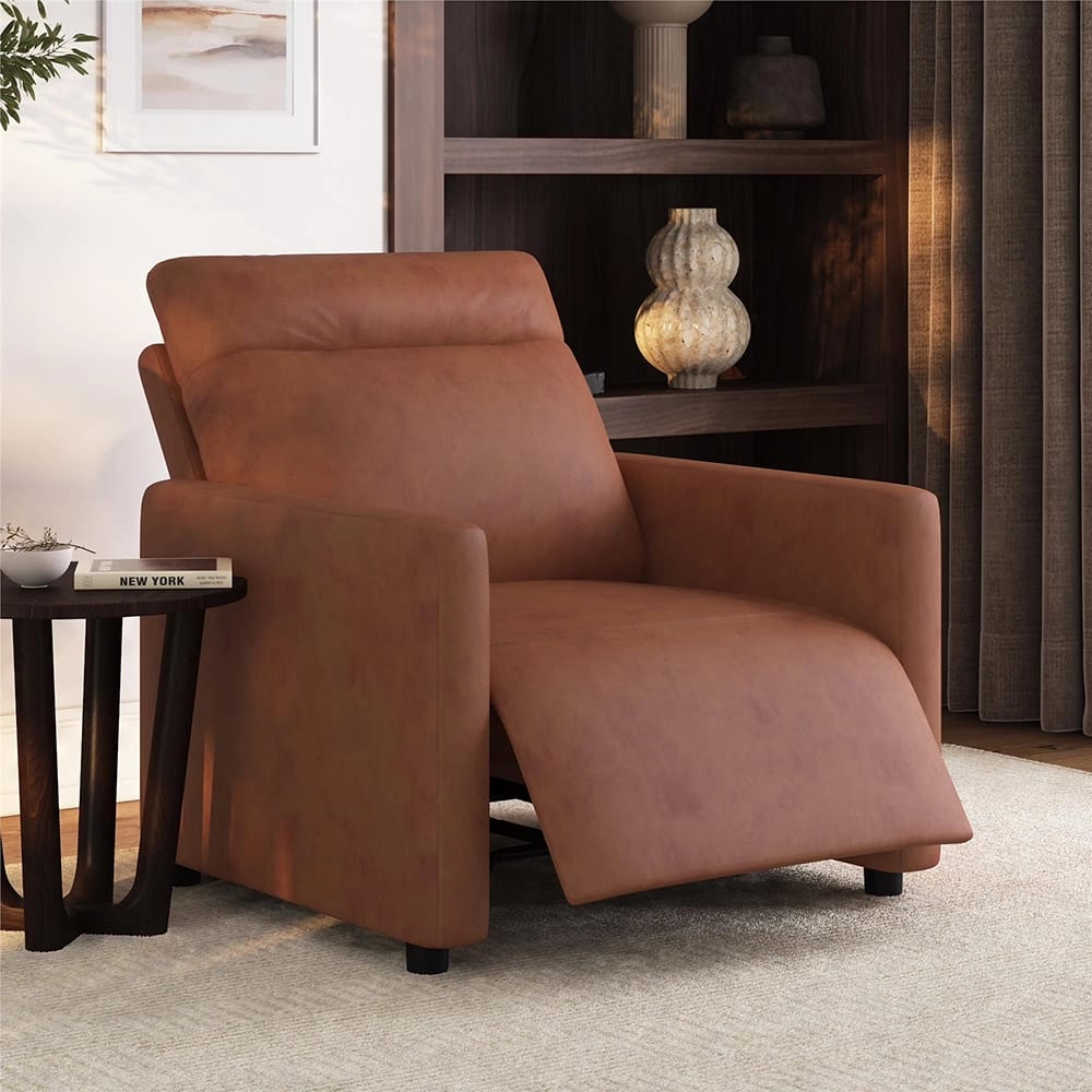 Upholstered Power Recliner Chair, Light Brown Faux Leather