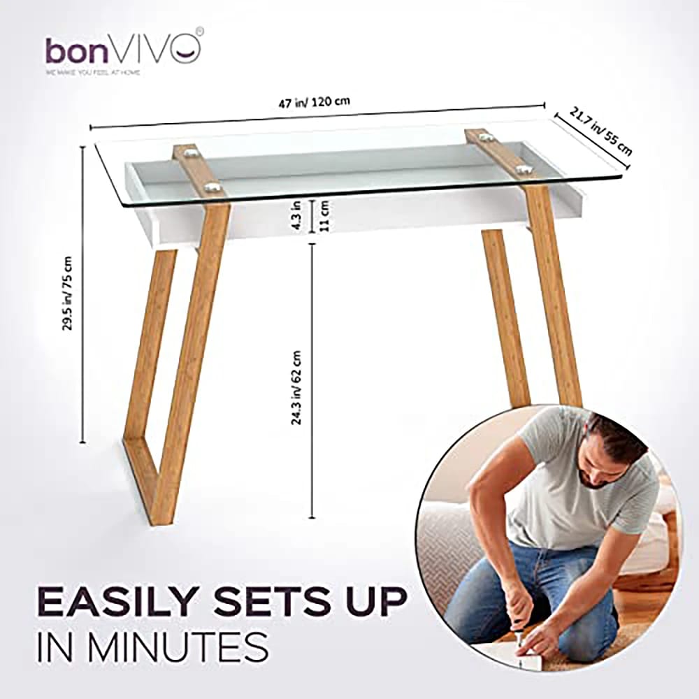 bonVIVO 47" Modern Computer Desk with Glass Top, White