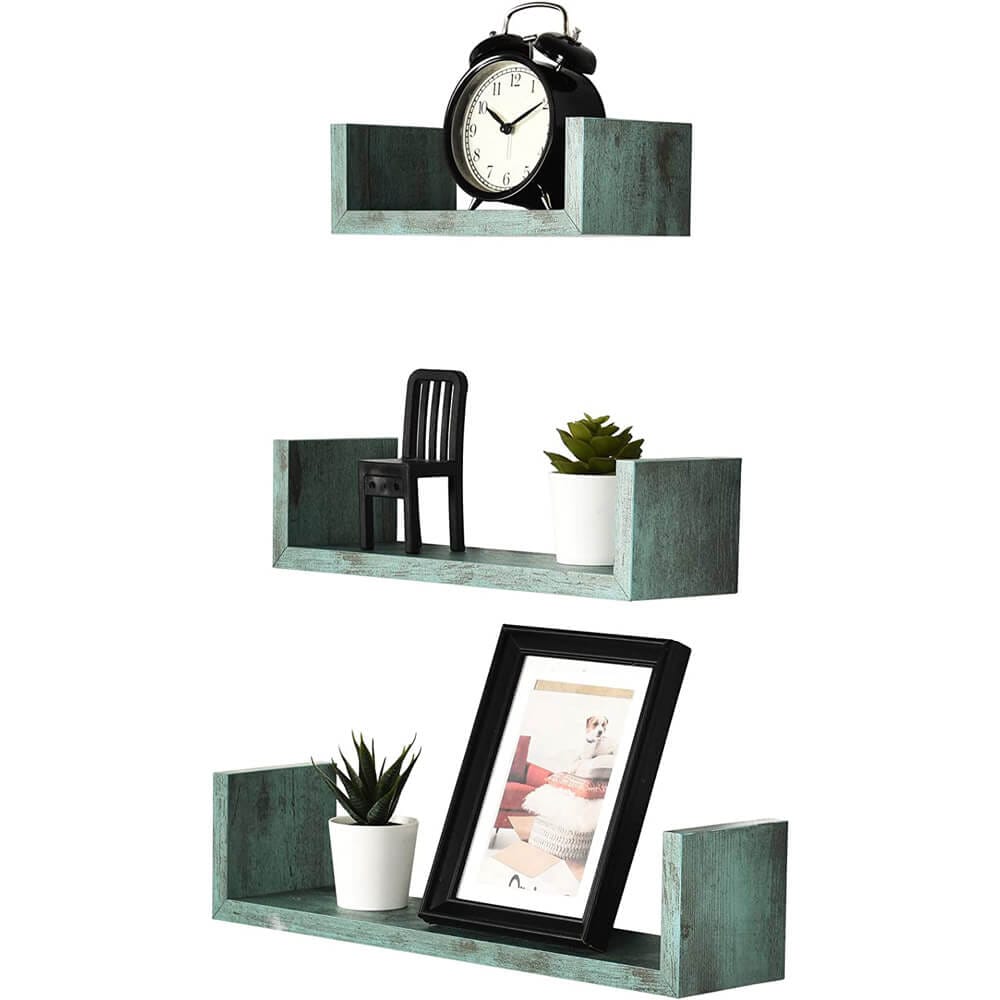 Greenco Floating "U" Wall-Mounted Shelves, Set of 3, Rustic Turquoise