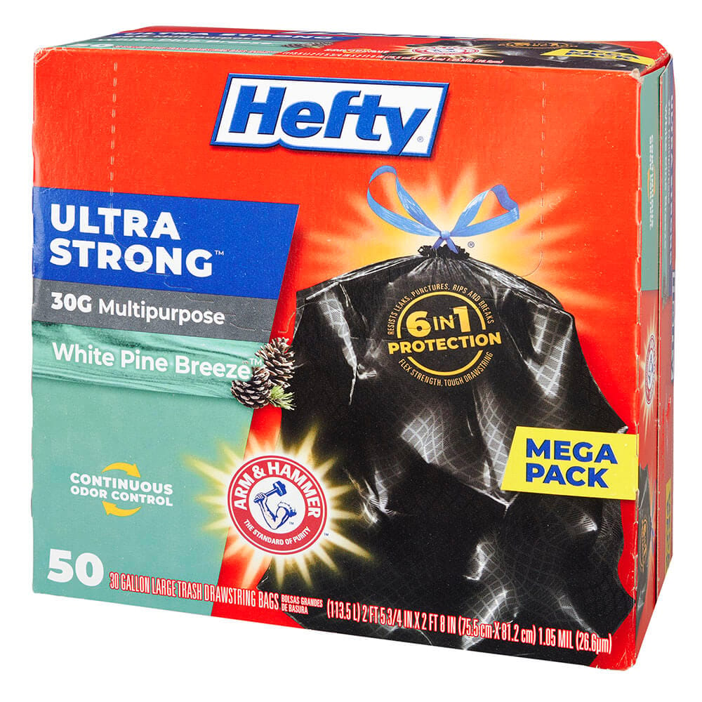 Hefty Ultra Strong Multipurpose White Pine Breeze 30 Gallon Trash Bags, 50 Count