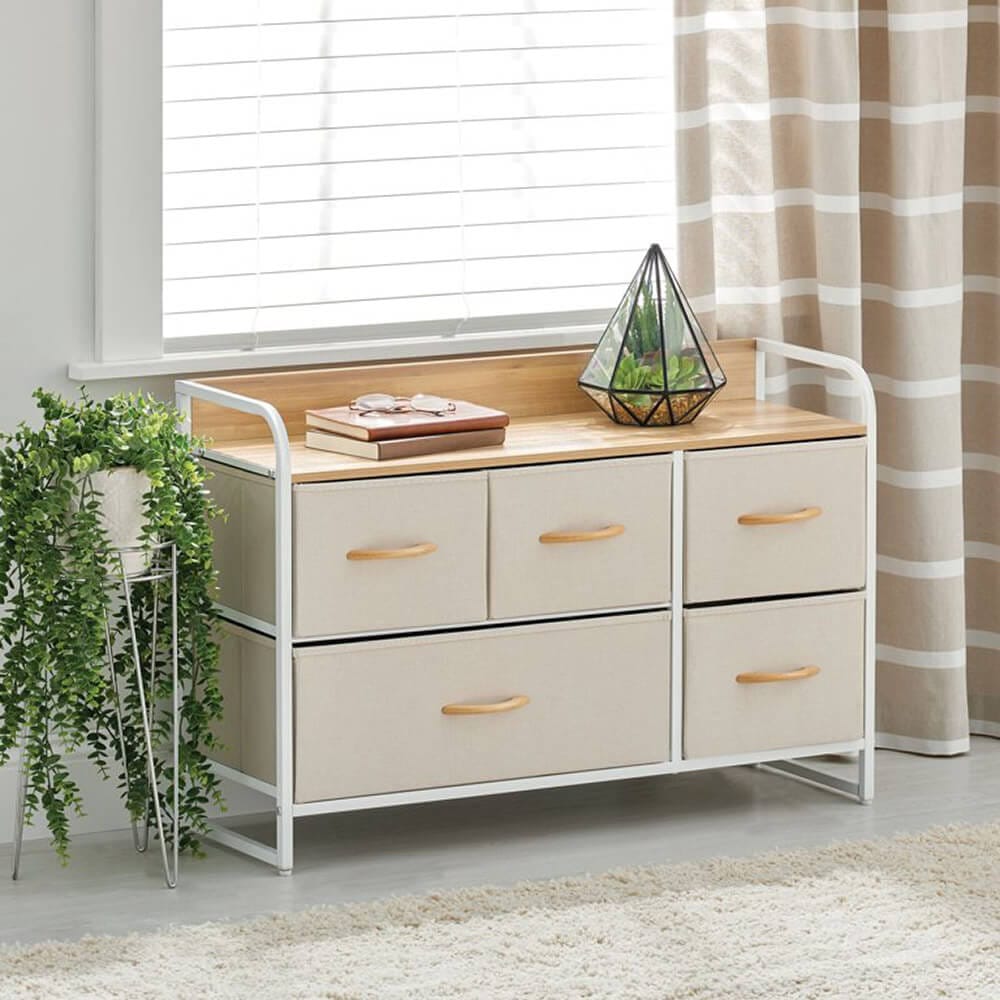 mDesign Wide Dresser with 5 Removable Fabric Drawers & Wood Top, Cream/White