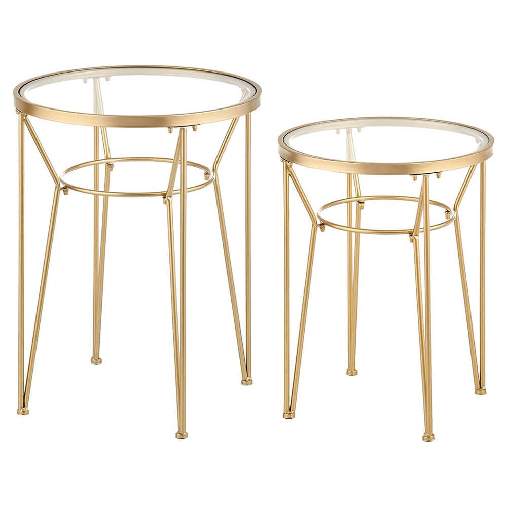 mDesign Round Metal Accent Table with Hairpin Legs, Set of 2, Soft Brass/Clear