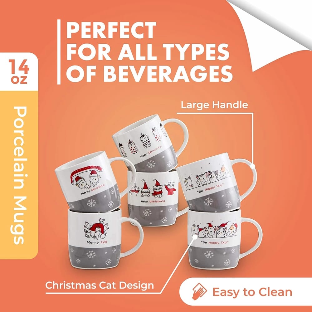 Bruntmor 14 oz Christmas Coffee Mugs, 6 Count