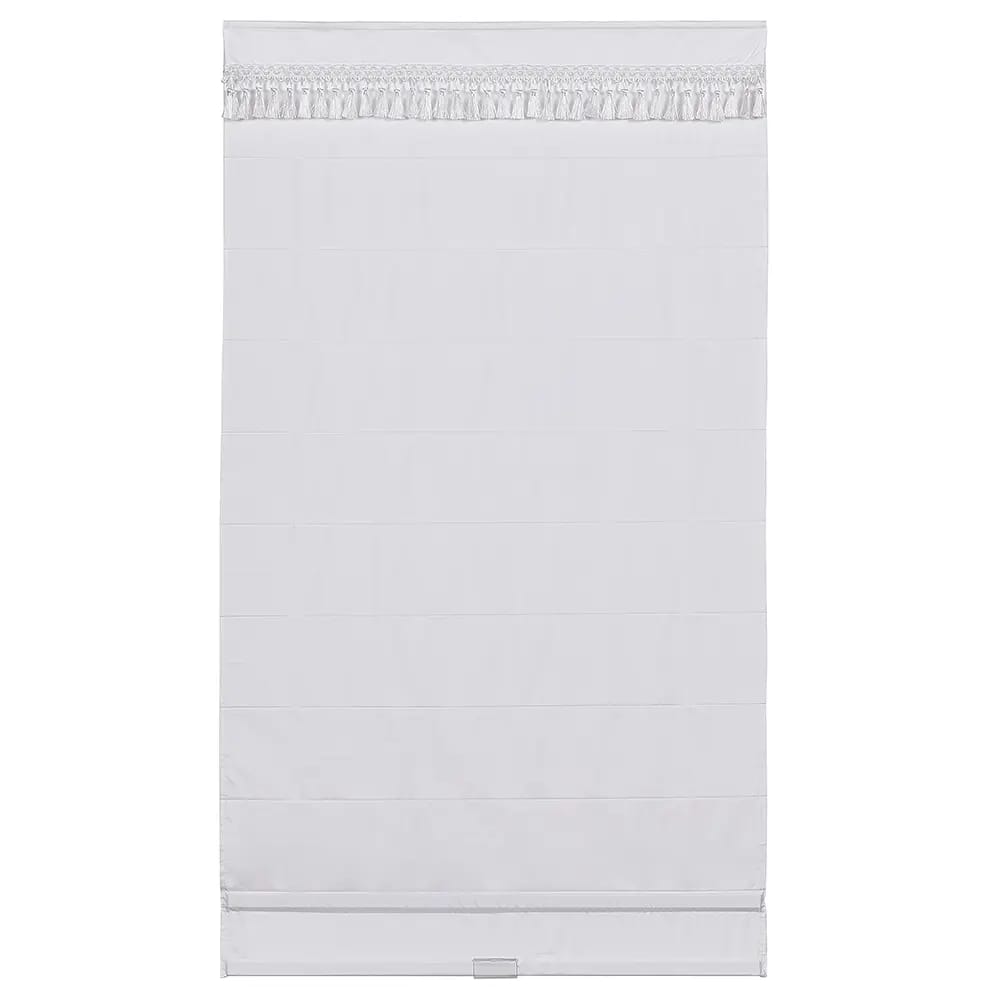 Cordless Fabric Flat Roman Shade with Tassel Trim Valance, White, 23" x 64"