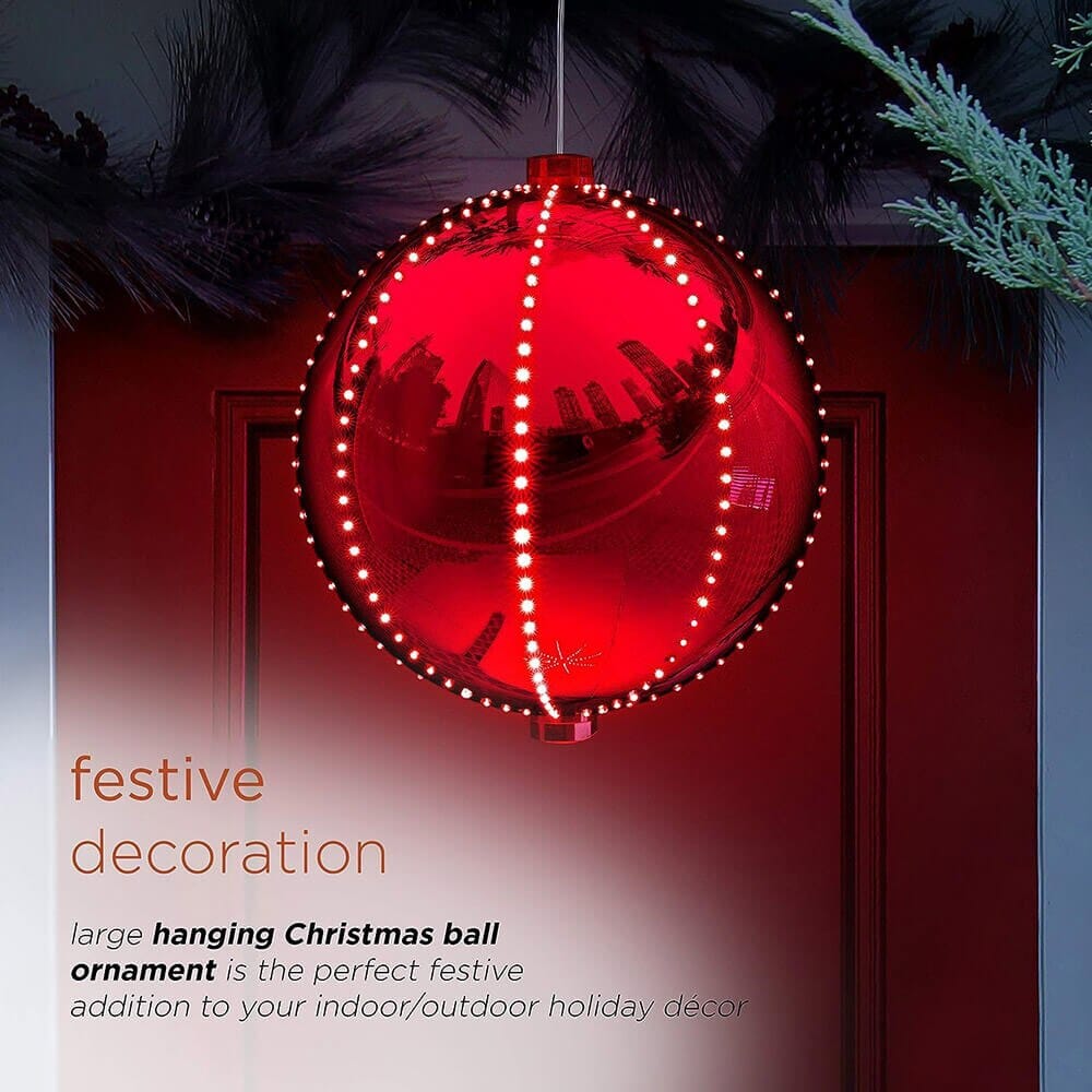 Alpine 13" Large Hanging Christmas Ball Ornament with 240 Warm White Chasing LED Lights & 6 Light Effects, Red