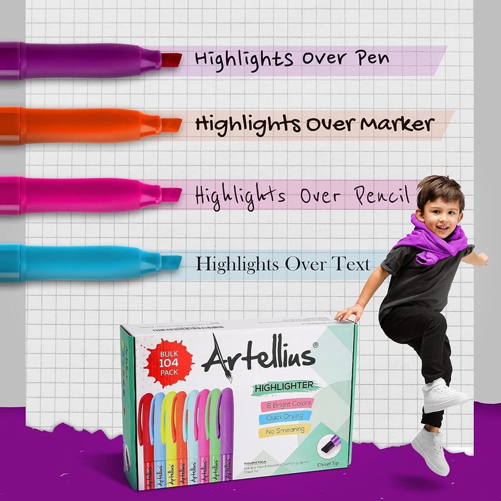 Artellius 104-Pack Vibrant Highlighters Assorted Colors Bulk Set