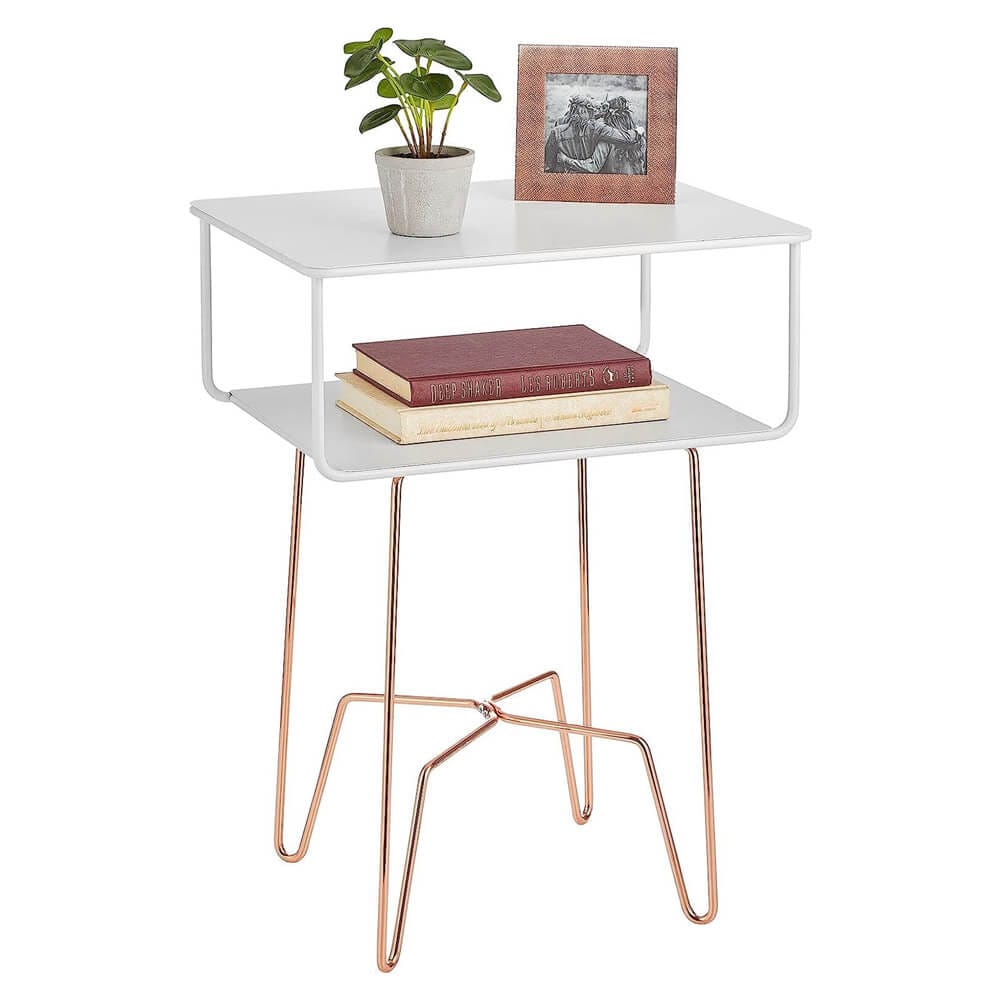 mDesign Modern Industrial Side Table with Storage Shelf, Matte White/Rose Gold