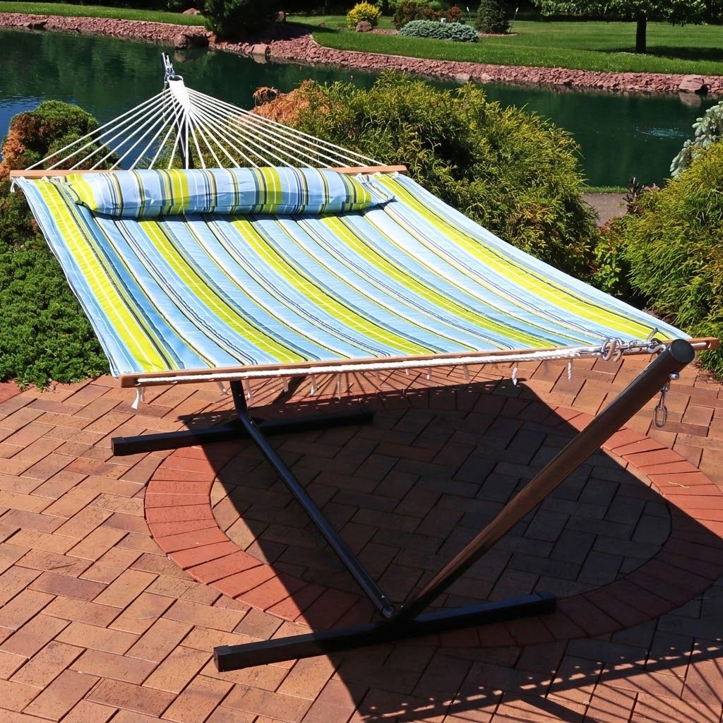 Sunnydaze 2-Person Outdoor Hammock with Stand, Blue/Green Stripe