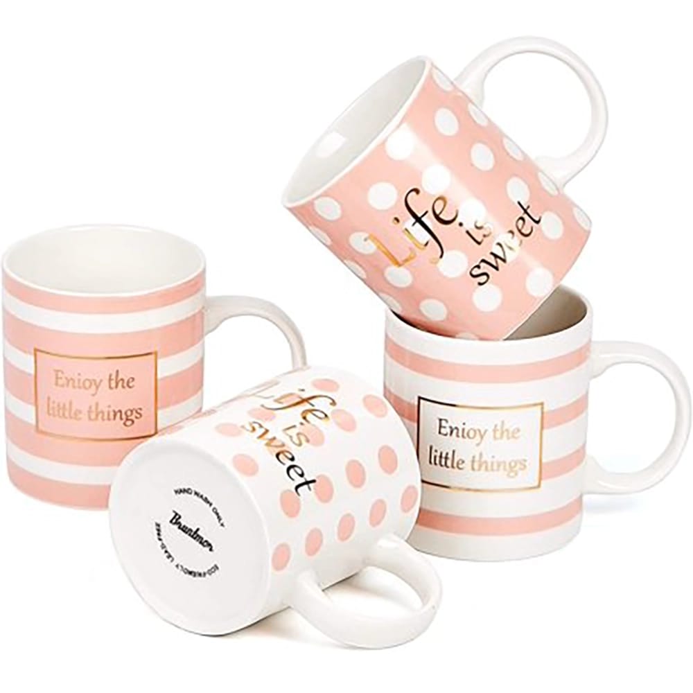 Bruntmor Ceramic Inspirational Coffee Mugs, Pink, Set of 4