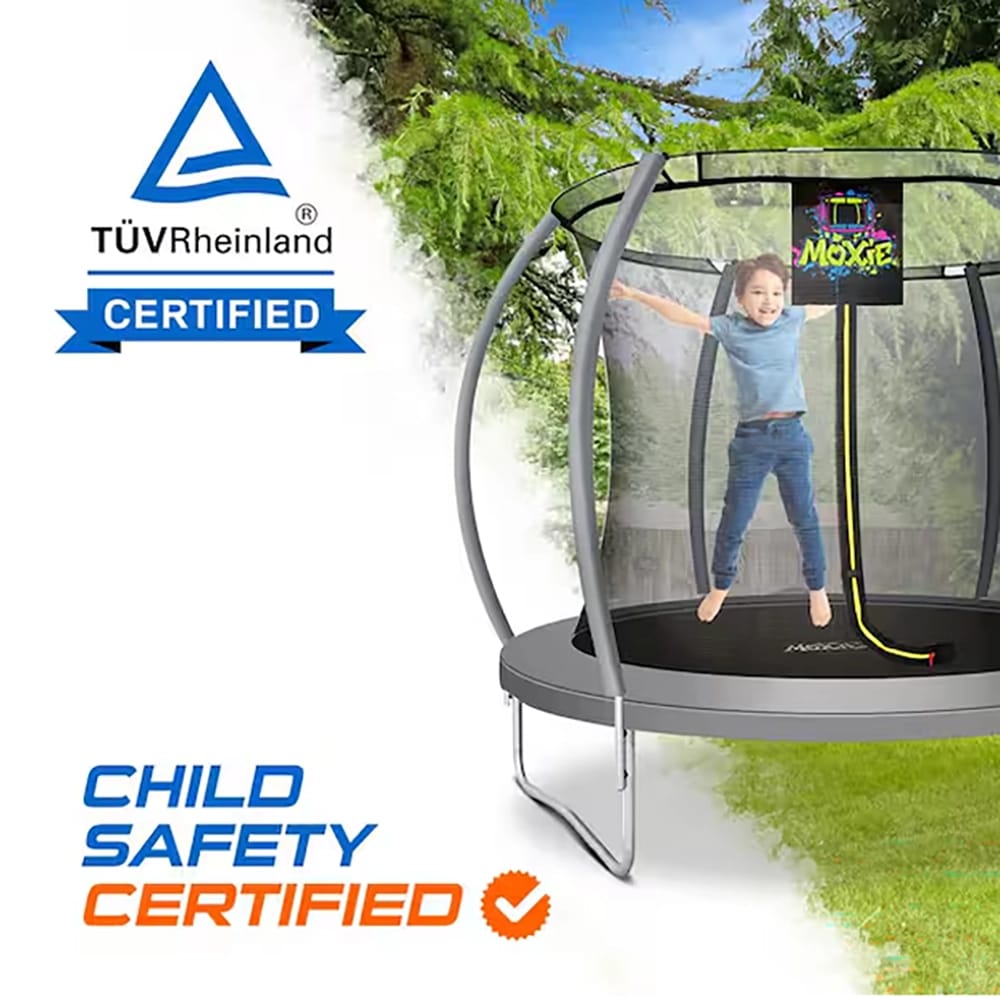 Machrus Moxie Grey Outdoor Trampoline Set with Premium TopRing Frame Safety Enclosure, 8'