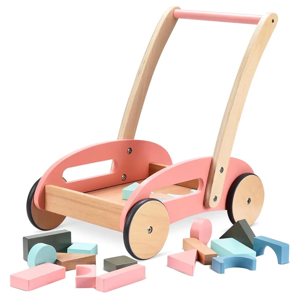 Childlike Behavior Wooden Baby Push Walker with Wheels, Pink