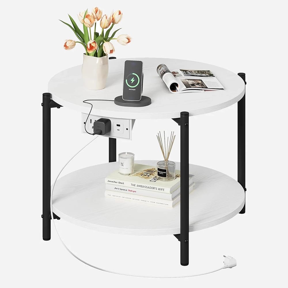 LIKIMIO 23.6" Double-Tiered Round End Tables with Charging Station, White