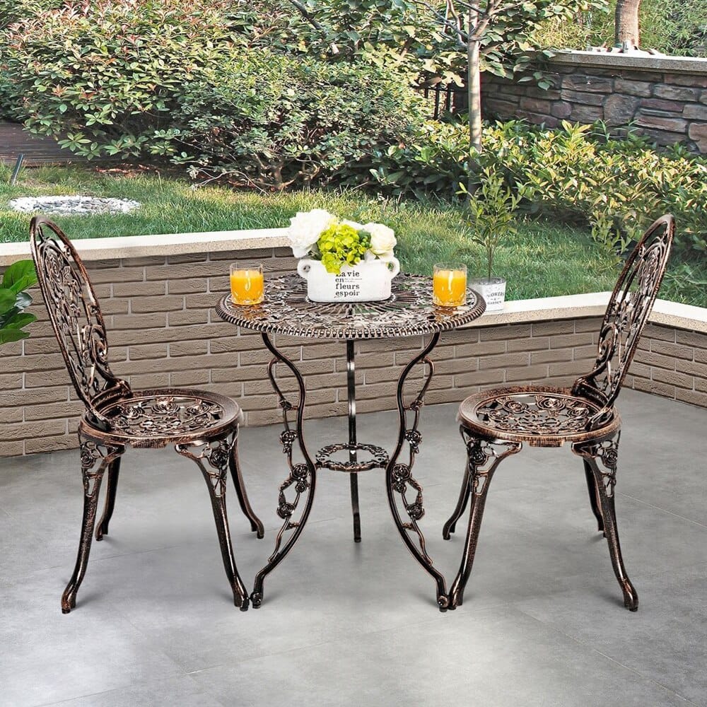 3-Piece Cast Aluminum Outdoor Bistro Set with Rose Design, Bronze