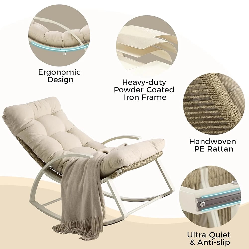IRONCK Patio Rocking Chair with Cushion, Beige