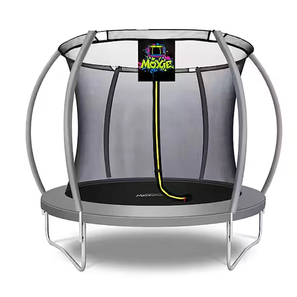 Machrus Moxie Grey Outdoor Trampoline Set with Premium TopRing Frame Safety Enclosure, 8'