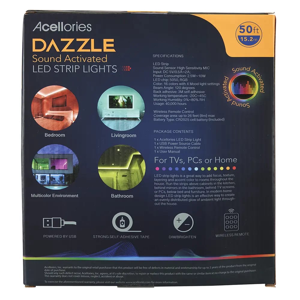 Acellories Dazzle LED Strip Lights, 50'