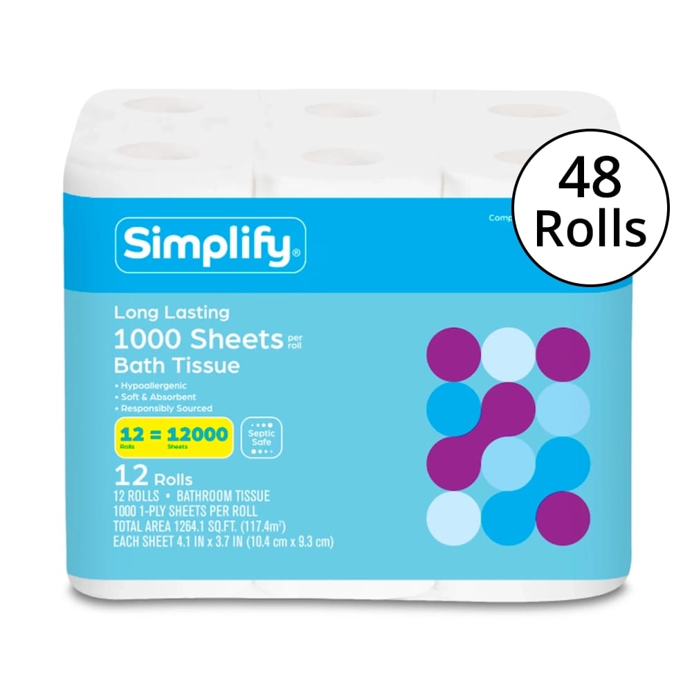 Simplify Long Lasting Bath Tissue, 1-Ply, 48 Rolls