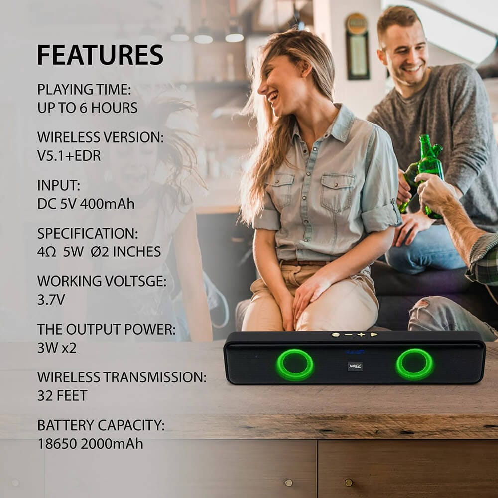 MiLife Portable Bluetooth Sound Bar Speaker with Multicolor LED Lights & FM Radio