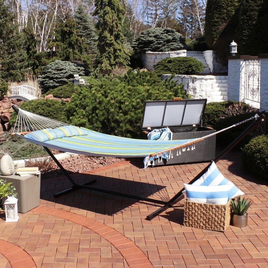 Sunnydaze 2-Person Outdoor Hammock with Stand, Blue/Green Stripe