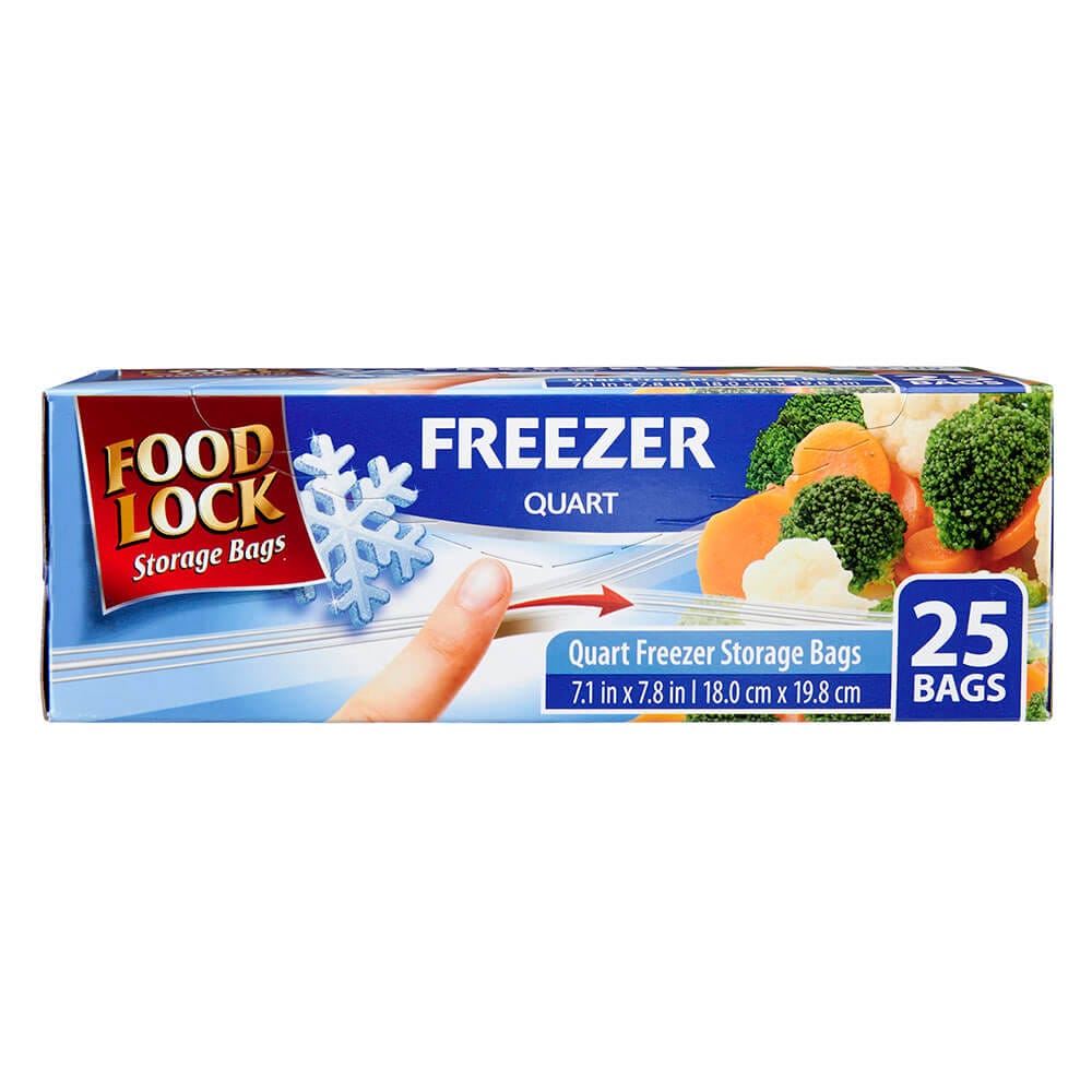 Food Lock Zip Close Quart Freezer Storage Bags, 25 Count
