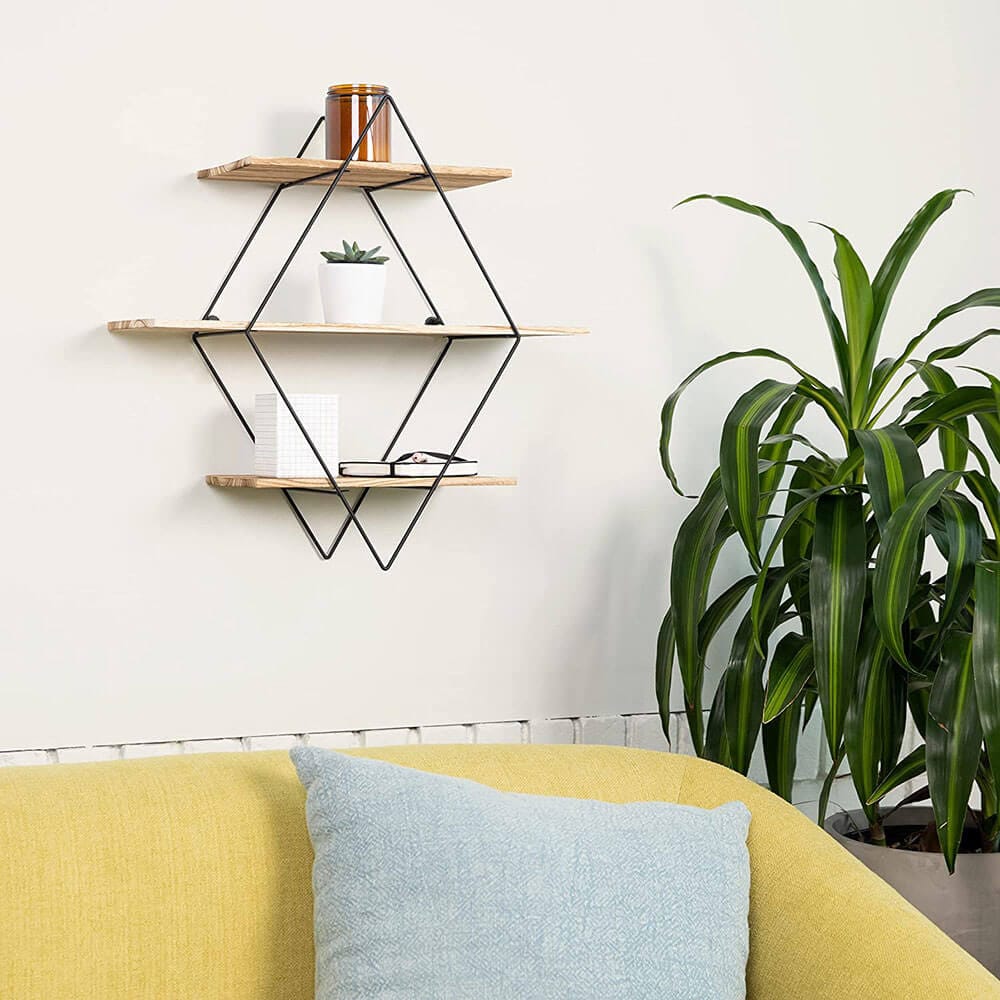 Greenco Geometric Diamond Shaped 3-Tier Floating Wall Shelves, Rustic Brown