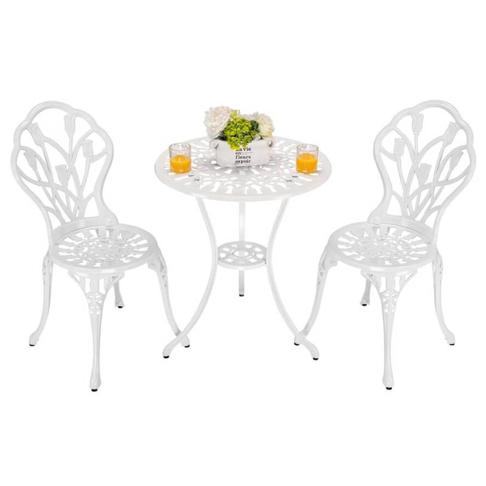 3-Piece Cast Aluminum Outdoor Bistro Set with Tulip Design, White