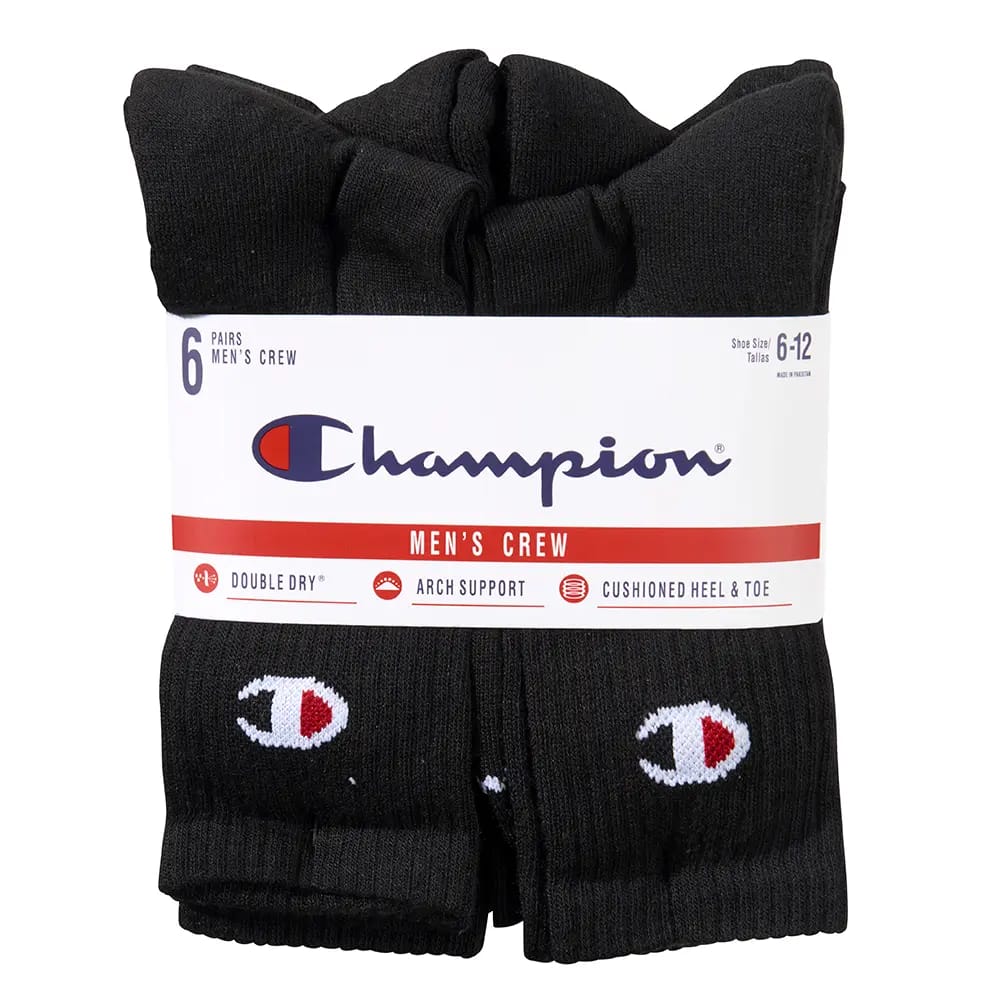 Champion Men's Crew Socks, Black, 6 Pairs, Shoe Size 6-12