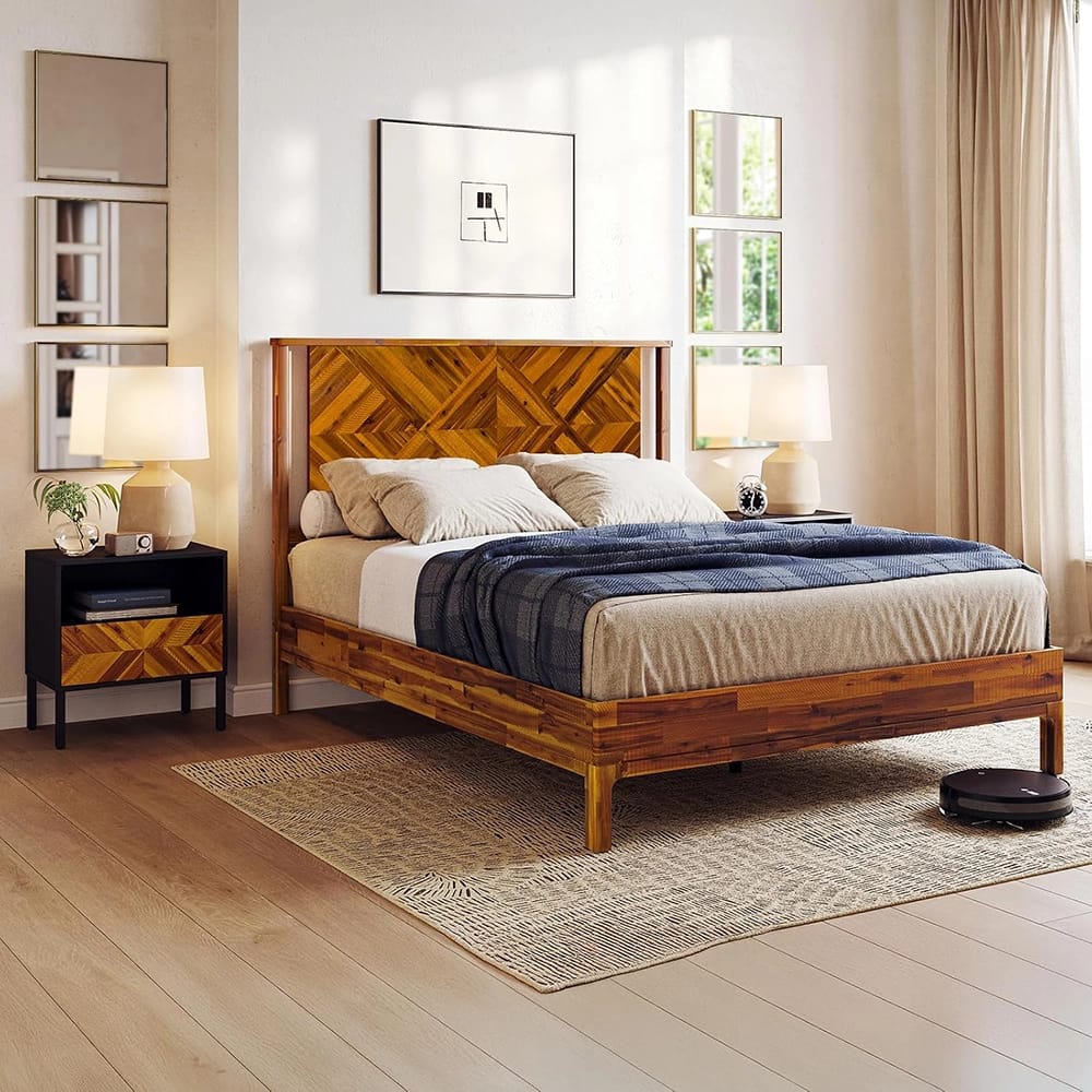 Bme Ethan Queen Solid Acacia Wood Bed Frame With Diamond Headboard, Rustic Caramel